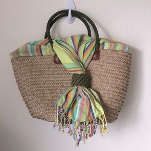 Handmade straw handbag woven beach summer bag purse green orange pink
